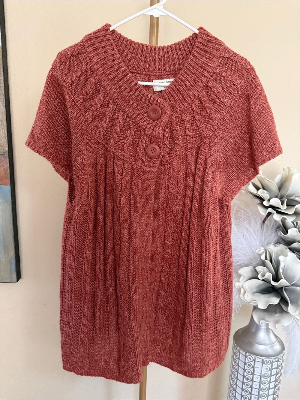 Women’s Short-Sleeve Cable Knit Sweater Cardigan - Rust